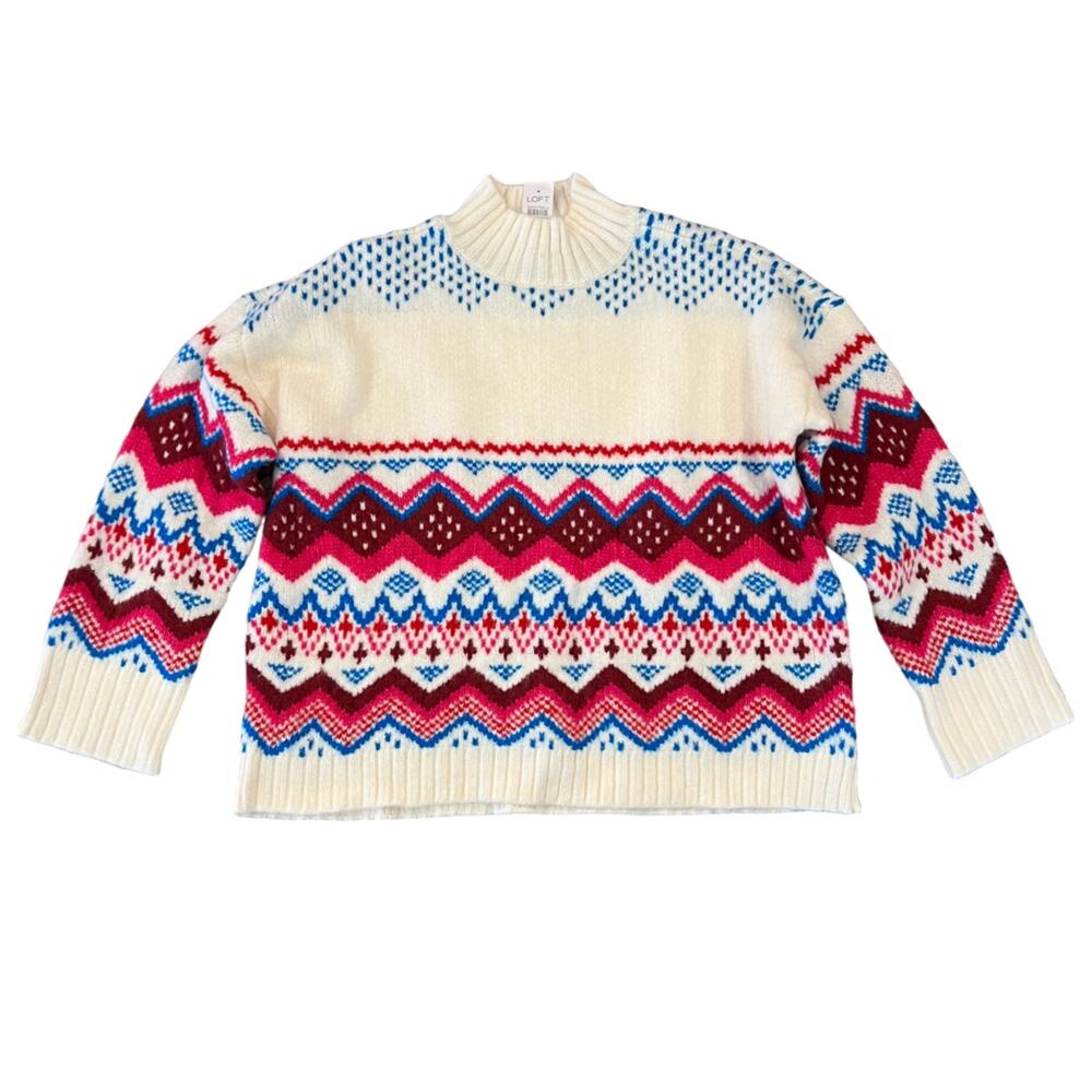 NWT LOFT Whisper White Fair Isle Mock Neck Sweater